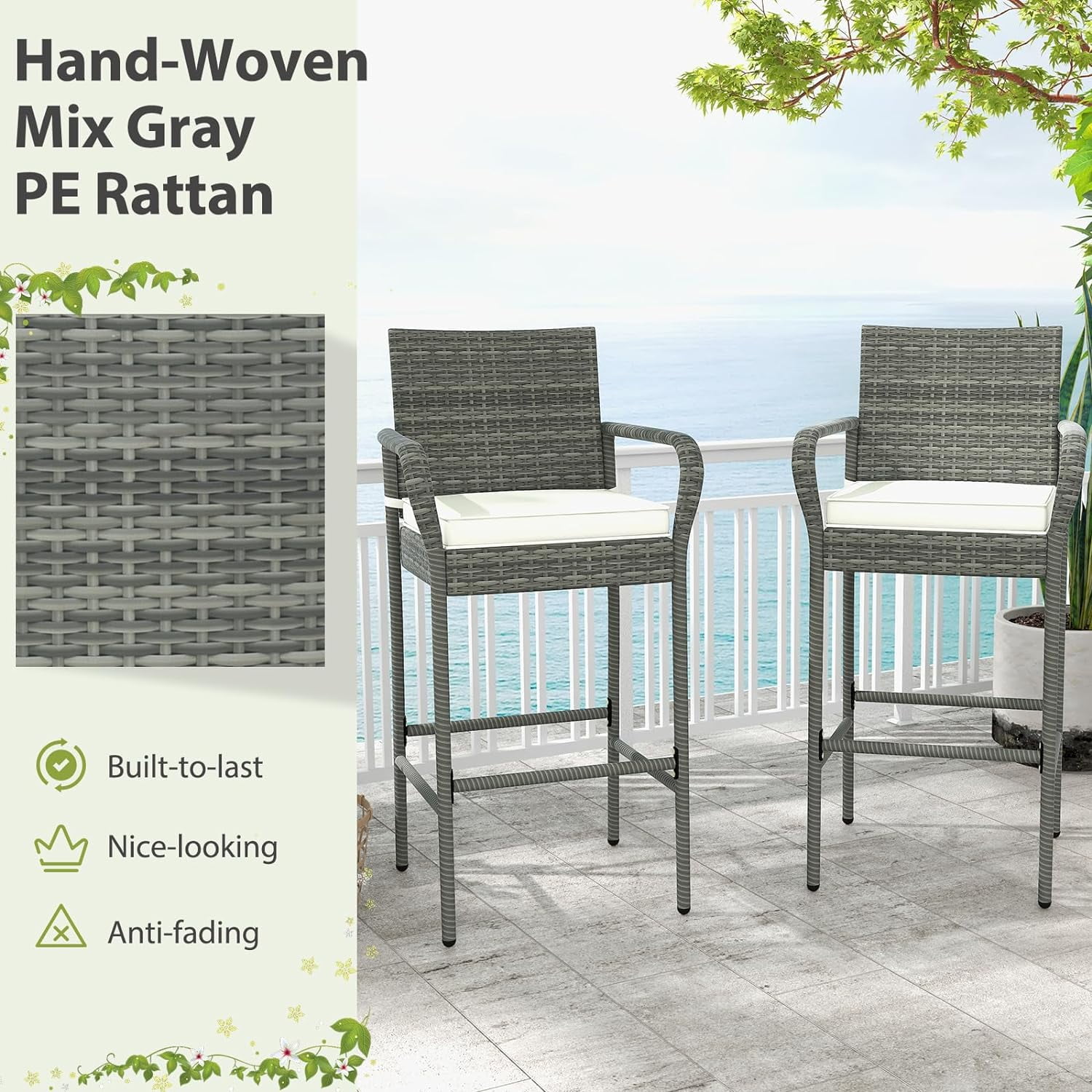 2 Pcs Outdoor Wicker Rattan Patio Bar Stools Counter Bar Height Chairs,Cushions,Mix Gray
