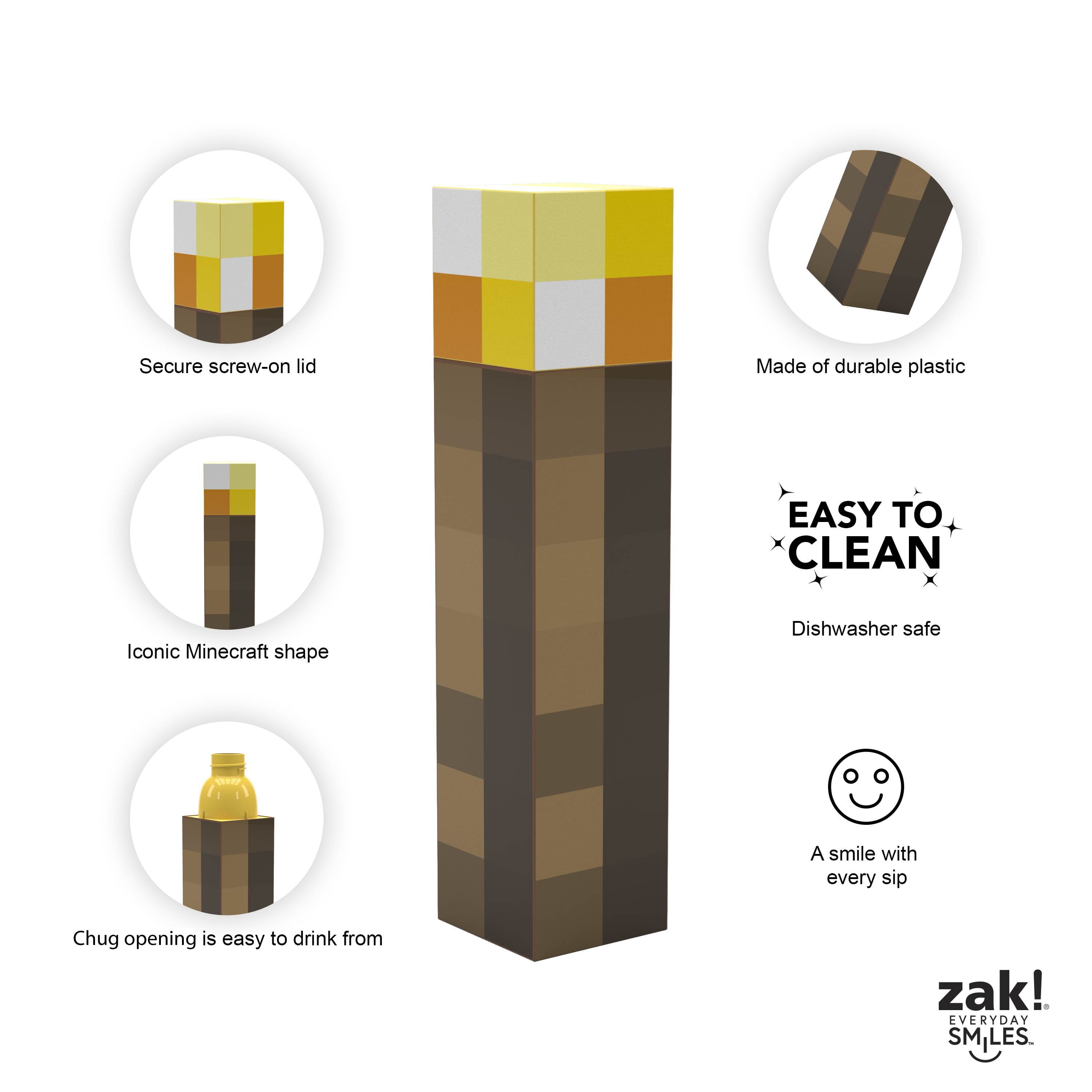 Zak Designs 22 oz Minecraft Gaming Water Bottle Torch Shaped BPA Free Gamer Gift Walmart