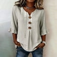 thumbnail image 2 of GILIGEGE 3/4 Length Sleeve Womens Tops Cotton Linen Boho Blouses Button Down Shirt Graphic Print Ruffle Sleeve Split V Neck T Shirts Summer Peasant Beach Vacation Lightweight Casual Top Grey, 2 of 5