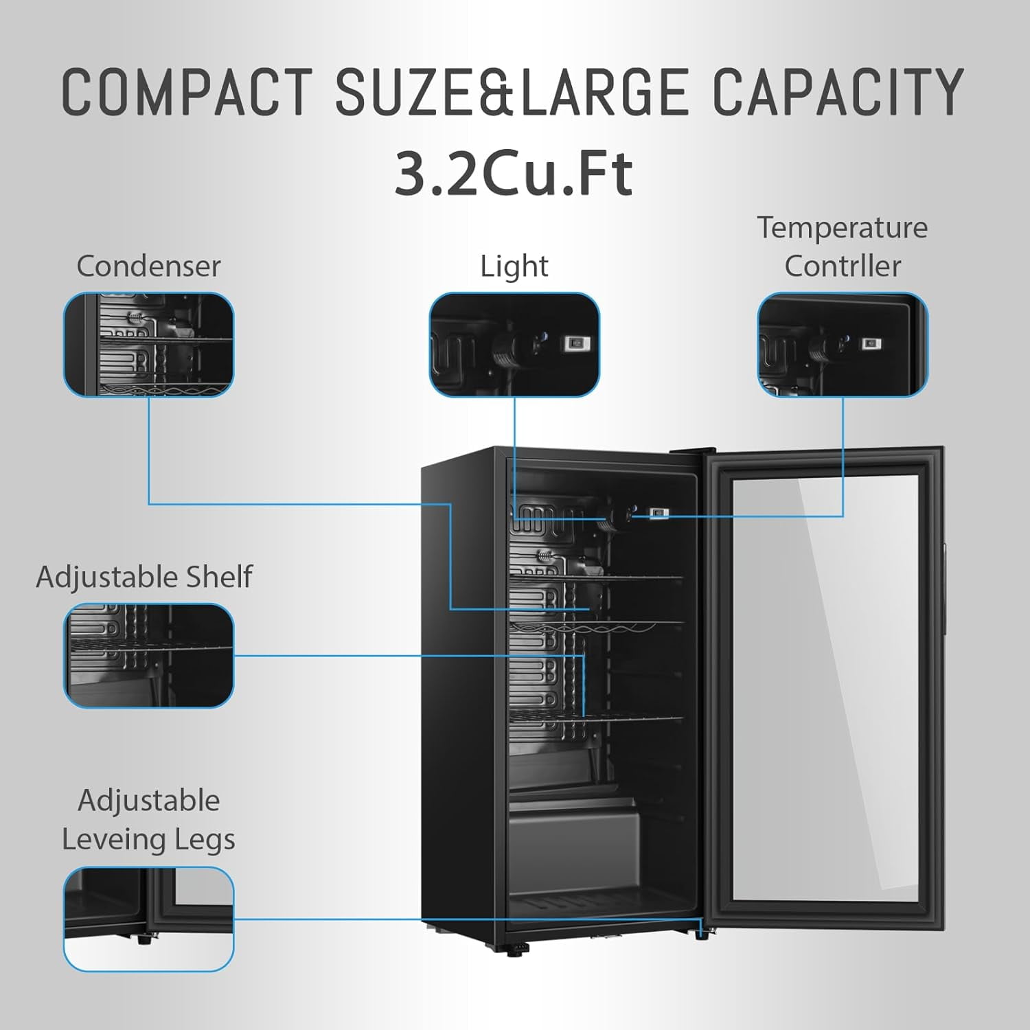 HUMSURE 105-Can Beverage Refrigerator, Glass Door & Shelves, Dorm & Office Cooler, Black