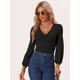 thumbnail image 3 of Blusa Ajustada con Cuello en V de Manga Farol Larga Blusa Informal con Lazo para Mujer Negro S, 3 of 5