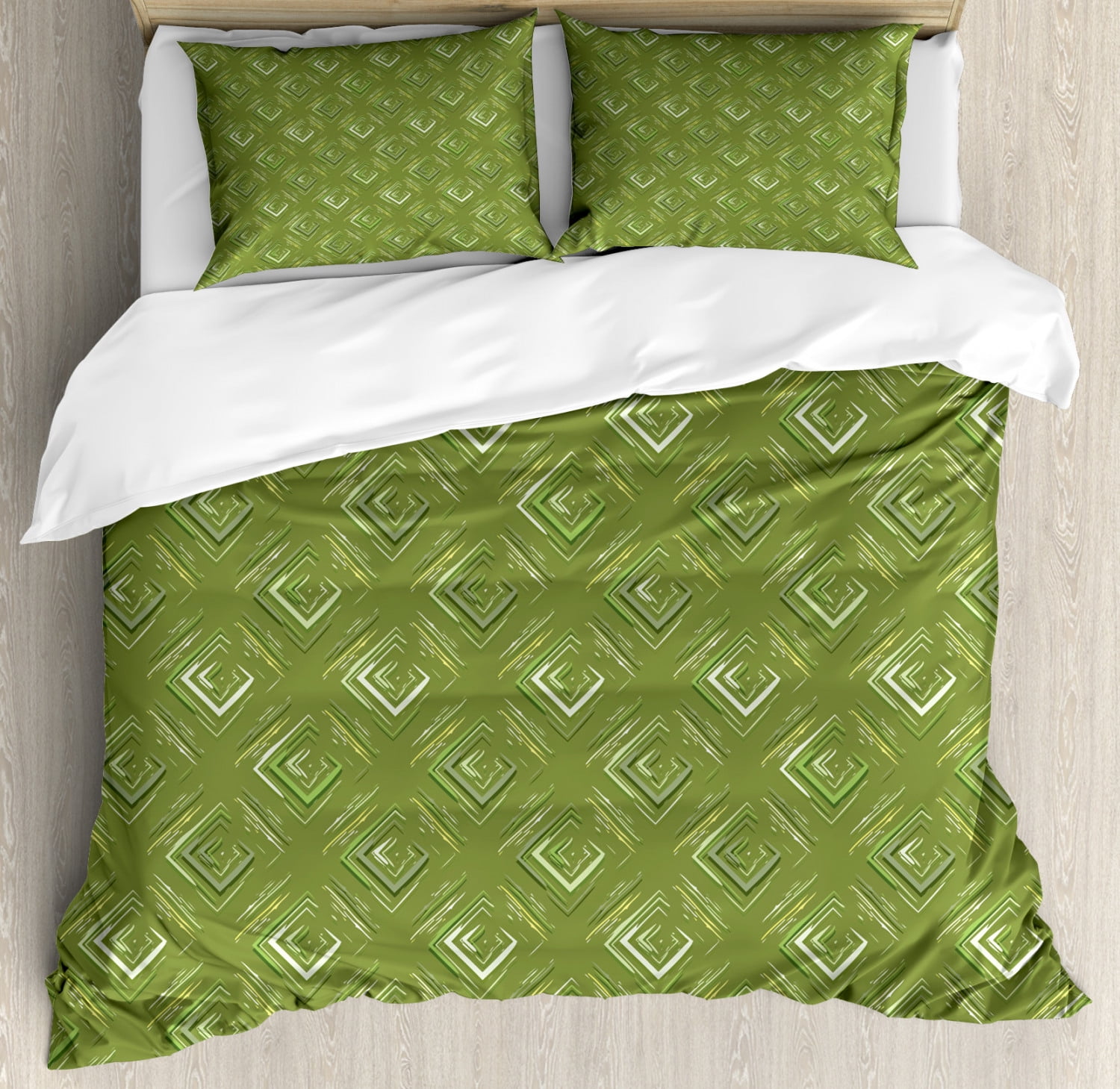 Olive Green Duvet Cover Set King Size, Grunge Geometric Pattern Square