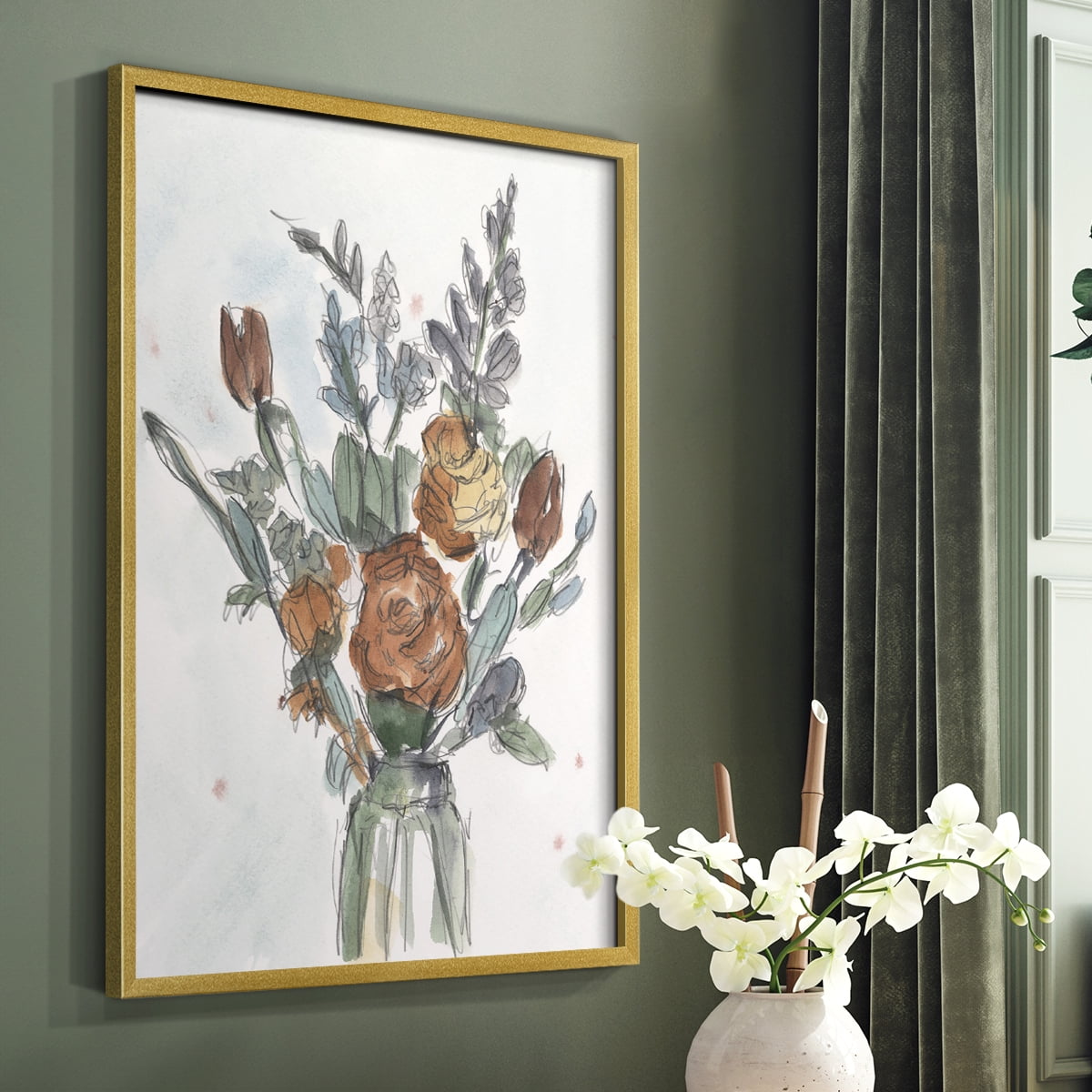 Watercolor Floral Arrangement II Framed Print in Gold Solid Wood 8 x 10 Framed Print