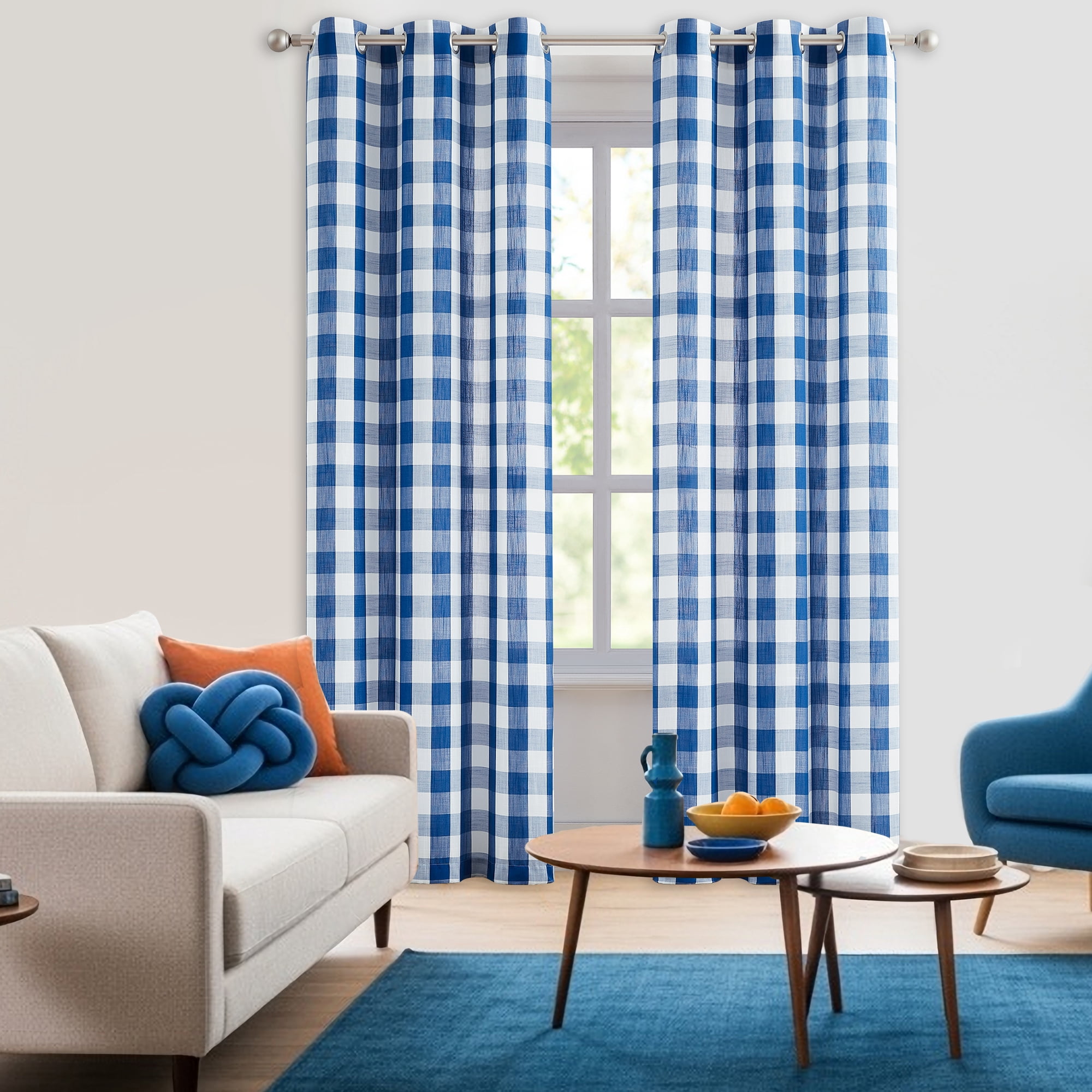 Flowpartex Blue and White Buffalo Check Semi Sheer Curtain Panels Plaid Textured Curtains Drapery, Farmhouse Grommet Window Drapes for Living Room Bedroom, 40"Wx90"L Set of 2