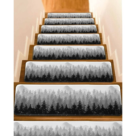 Fall Autumn Tree, Stair Treads for Wooden Steps Indoor Runner Rug Carpet, Forest Grey Black Wood-land Mountain 10 Pieces Peel and Stick Staircase Step Treads Covers Washable Throw Door Mats, 30"x8"