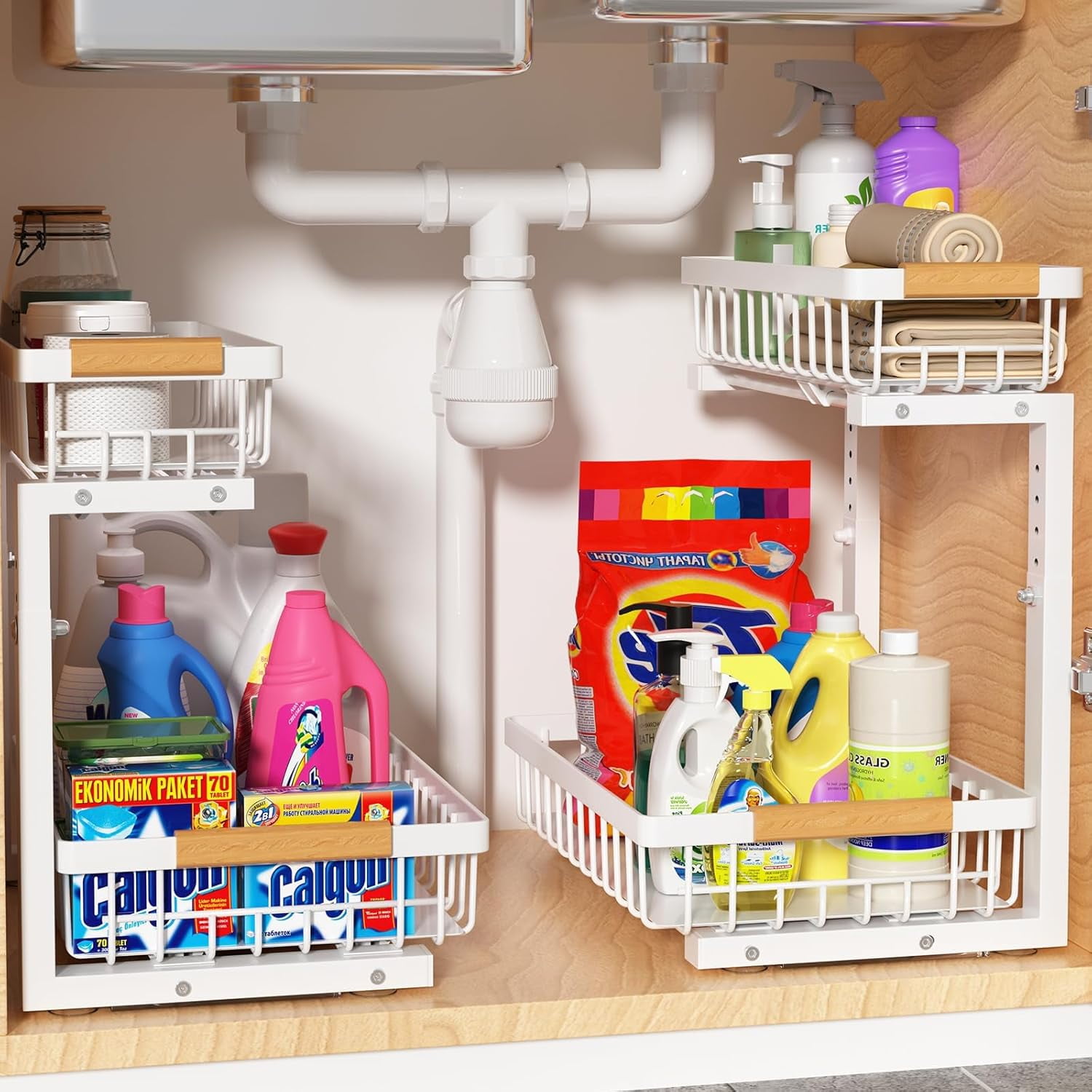 Under Sink Organizer Storage 2 Pack, 2 Tier Slide Out Height Adjustable Pull Out Cabinet Organizer Drawer for Kitchen Bathroom Large Under Sink Shelf Rack Caddy for Pantry, Black