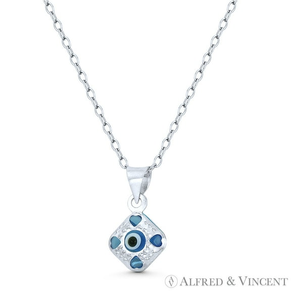 Tiny Evil Eye Charm Glass Bead Pendant & Chain Necklace in .925 Sterling Silver w/ Rhodium - Clear Teal Blue