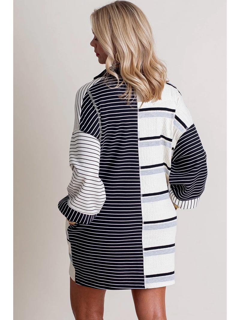 black and white striped long sleeve mini dress Long Sleeve Square Neck Embroidered Logo Mini Dress In Black Stripe Knit | EGO US
