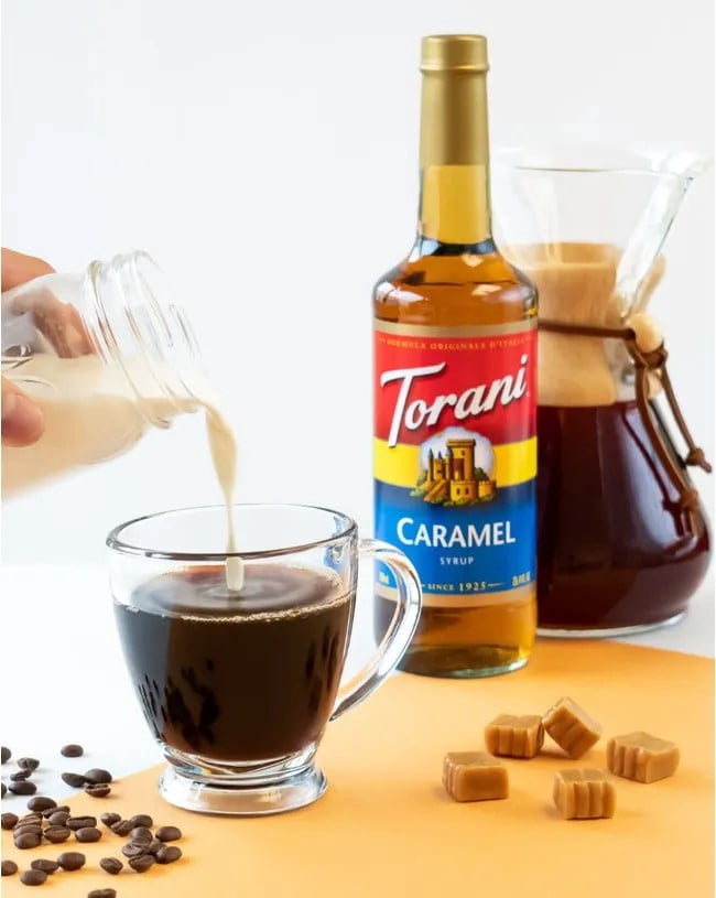 Torani Caramel Flavouring Syrup, 25.4 fl oz (750ml) Glass Bottle with Absol Gold Pump (Pack of 2)