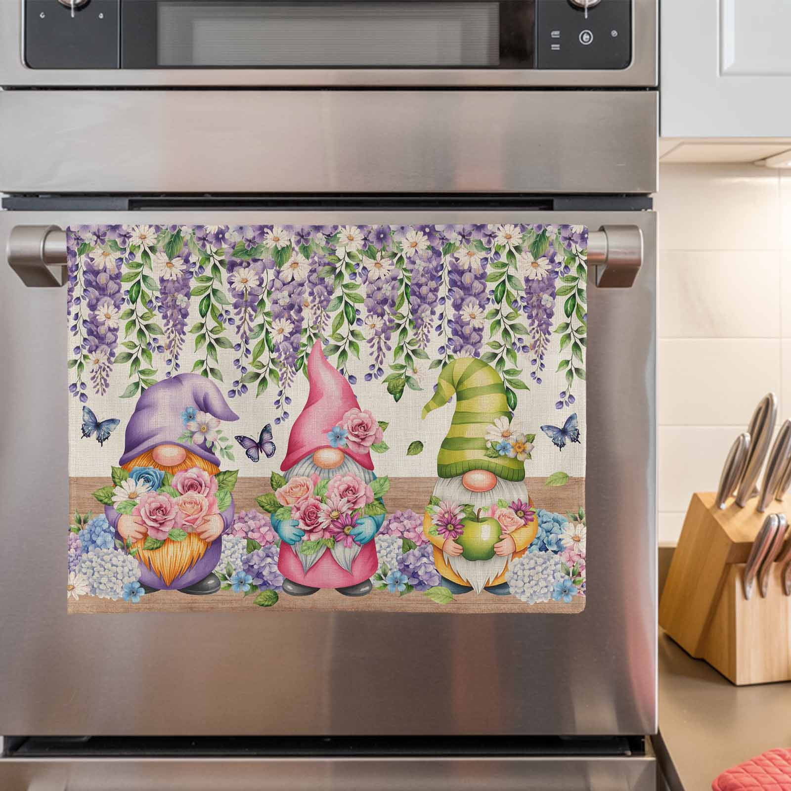 Blue Purple Gnomes 1 Pack Kitchen Towel, Water Absorbent Dish Towel, Spring Vintage Hydrangea Flower Leaf Decorative Hand Towels - Quick Drying Cloth for Cooking Baking, 18x28 Inch