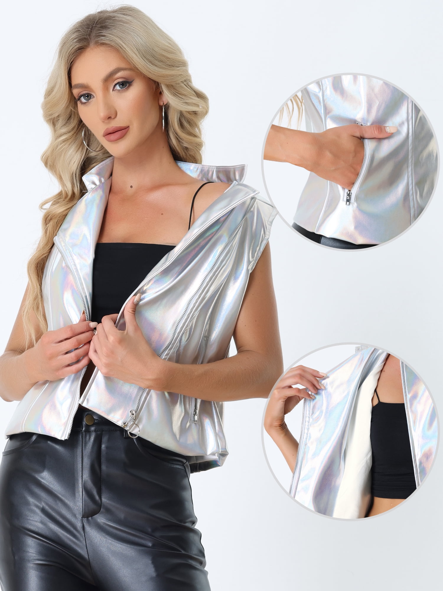 DARING DIVA Metallic Shiny Stand Collar Sleeveless Faux Leather Vest XL Silver