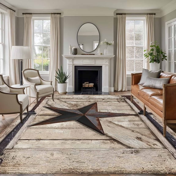5'x7' Area Rugs for Living Room Bedroom, Texas Star Vintage Washable Rug Carpet Runner Indoor Outdoor, Brown Khaki Wooden Retro Art Non Slip Floor Mats Area Rug for Kitchen, Nursery