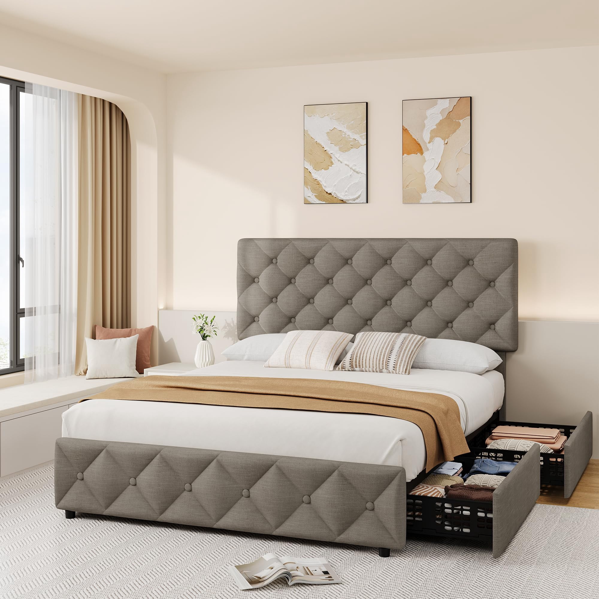 Full/Queen/King Size Bed Frame with 4 Storage Drawers and Headboard, Linen Upholstered Platform Bed Frame, Diamond Stitched Button Tufted, No Box Spring Needed, Easy Assembly