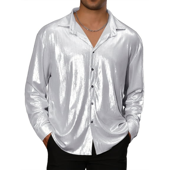 INSPIRE CHIC 70s Disco Shirts for Men's Long Sleeves Button Down Party Costume Metallic Shirt 2XL Silver