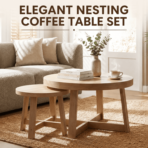Set of 2 Round Nesting Coffee Tables, Natural Wood Side Tables, Stackable