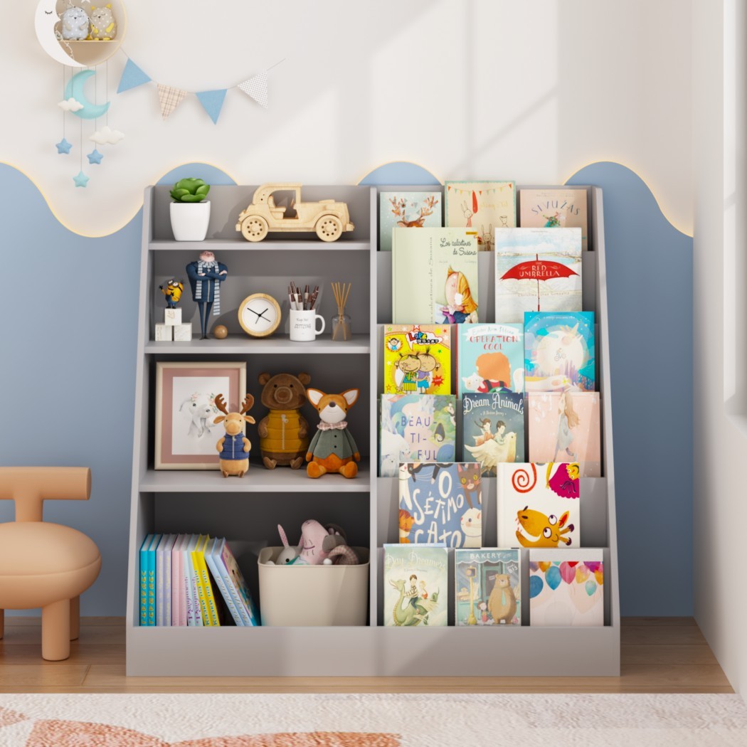 4-Tier Kids Bookshelf and Toy Storage Organizer, Wooden Children's Bookcase with Multi-Level Shelves & Toy Bin, Book Display Stand for Kids Room, Playroom & Nursery, Gray