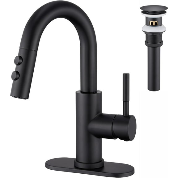 Bathroom Sink Faucet with Pull Down Sprayer, Matte Black Single Handle Pull Out Faucet with Pop-Up Drain, 1 or 3 Hole Laundry Bar Basin Faucet with Deck Plate