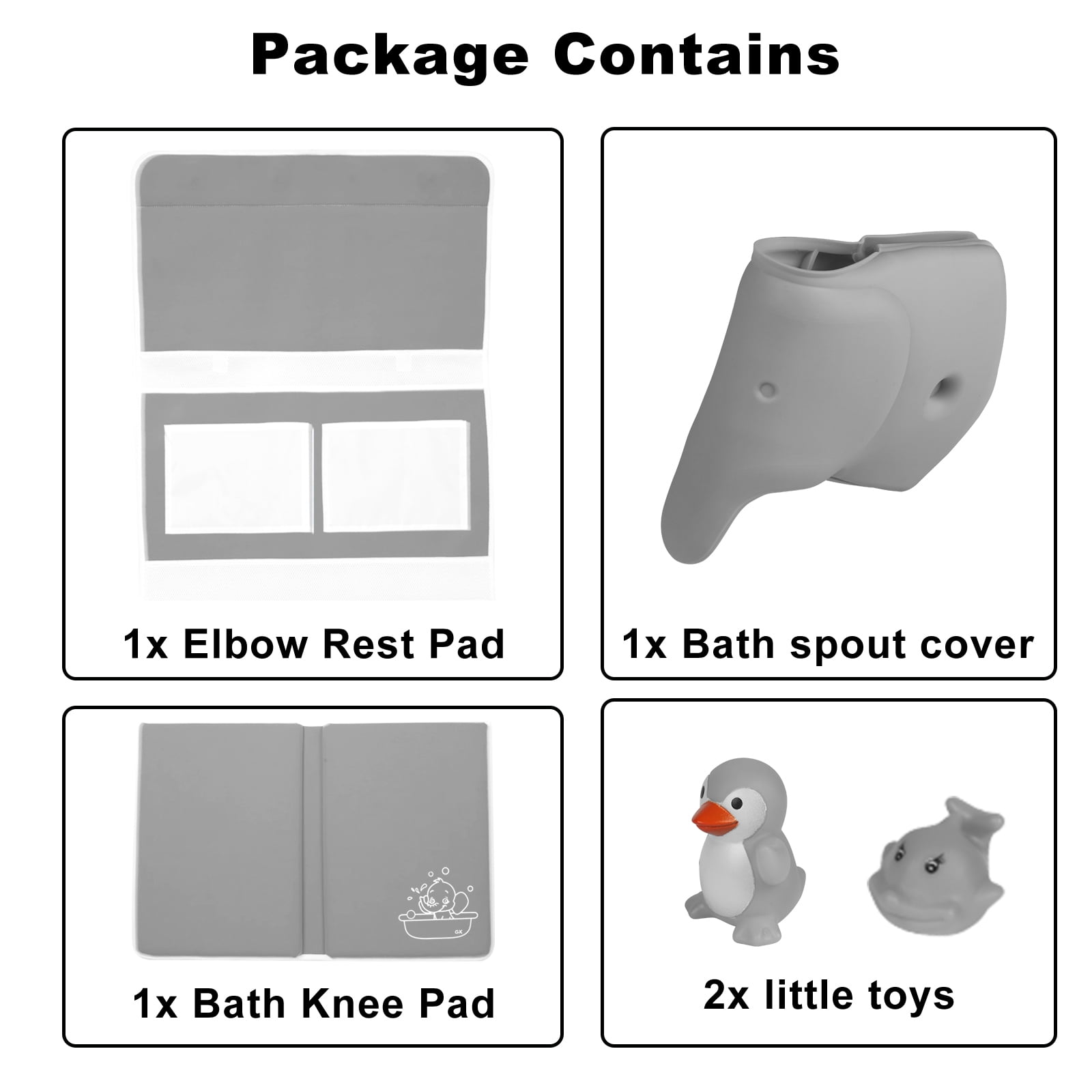 Bath Kneeler and Elbow Rest Pad Set with Toy Organizer -Bath Tub Pad - Bath Spout Cover Gray Elephant - Free Bathtub Toys