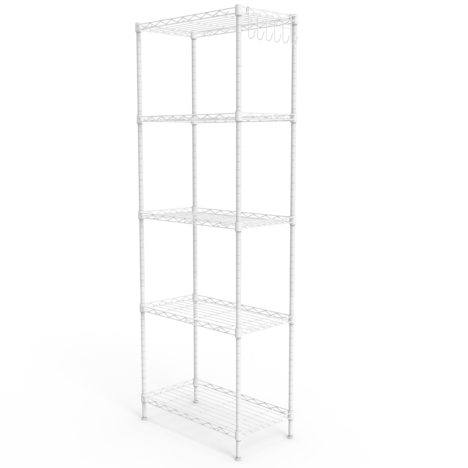 5-Tier Pin-Type Adjustable Display Rack Matte White Iron Storage Shelving Unit with Leveling Feet Compact Vertical Organizer for Retail Home Office