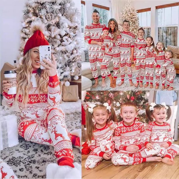 Ropa informal para el hogar para padres e hijos, color rojo y blanco contrastante, Navidad, superventas, europea y americana