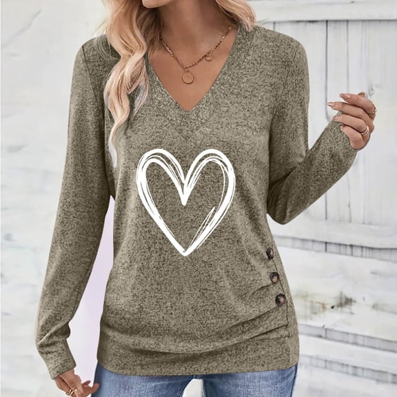 Sweatshirt for Women Heart Printed V Neck Long Sleeve Casual Tops Loose Trendy Side Button Soft Sweaters Comfortable Valentines Outfits