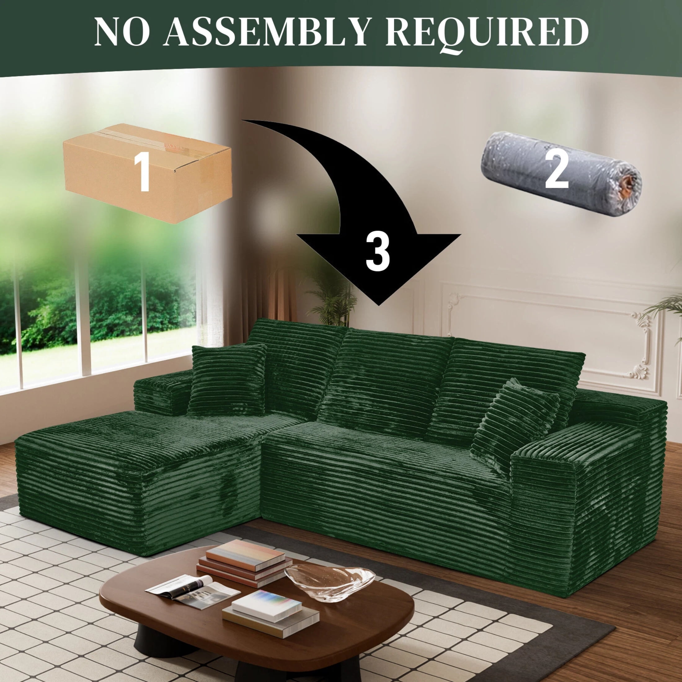 AISWORD 107.5" Corduroy Boneless L Shaped Modular Sectional Sofa with Left Facing Chaise, Deep Seat Compressed Couch with Throw Pillows, No Assembly Required, Green