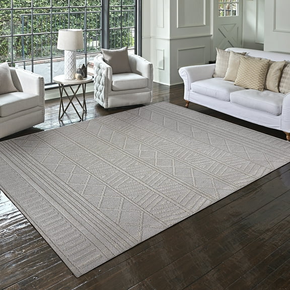 Malini Lana Silver Gray Bohemian Geometric High-Low Area Rug, 6x9