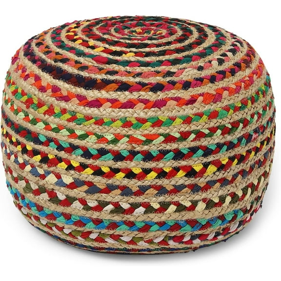 Round Pouf Ottoman - Braided Boho Poof Home Décor Pouffe Accent Sitting Circular Foot Rest for Living Room, Bedroom, Nursery, Kidsroom, Lounge; Jute and Cotton (19.5"x19.5"x14"; Multi)