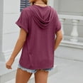 thumbnail image 4 of Scyoekwg Womens Short Sleeve Blouses Button Hooded Tops Lightweight Comfy Loose Solid Color Trendy Blouses (Wine,XL), 4 of 8