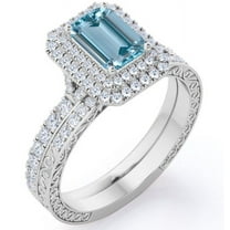 JeenMata 1.5 Carat Emerald Cut Sky Blue Created Aquamarine and Moissanite - Pave Double Halo - Art Deco Filigree Wedding Set - 18K White Gold Plating over Silver