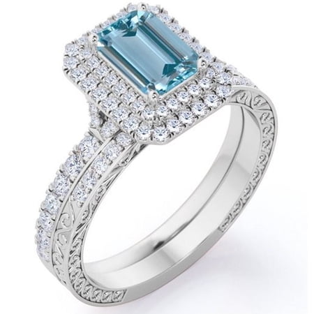 JeenMata 1.5 Carat Emerald Cut Sky Blue Created Aquamarine and Moissanite - Pave Double Halo - Art Deco Filigree Wedding Set - 18K White Gold Plating over Silver