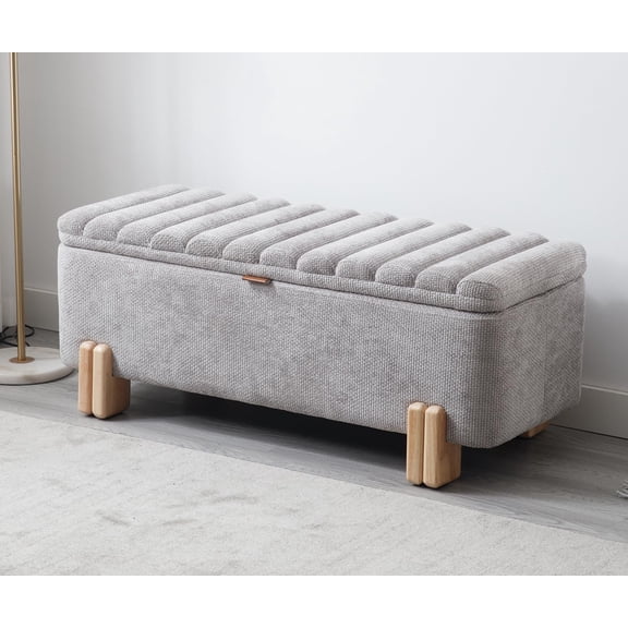 Kmax 45" Storage Bench Velvet Entryway Bench Upholstered Ottoman Bench with Wavy Top & Safty Hinge for Bedroom Living Room Hallway, Grey