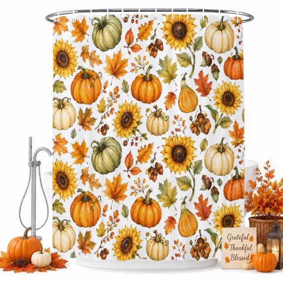 Orange Green Pumpkin Shower Curtain, Waterproof Shower Curtains for Bathroom, Fall Thanksgiving Flower Maple Leaf Washable Fabric Bathtub Curtain Set Bath Decor with 12 Hooks 48"x72"