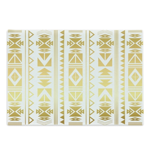 Ethnic Cutting Board, Abstract Borders from Prehistoric Cultures with Ombre Effect, Decorative Tempered Glass Cutting and Serving Board, Large Size, Yellow and White, by Ambesonne