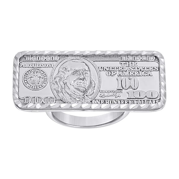 925 Sterling Silver Mens 100 Dollar Bill Currency Fashion Ring S10