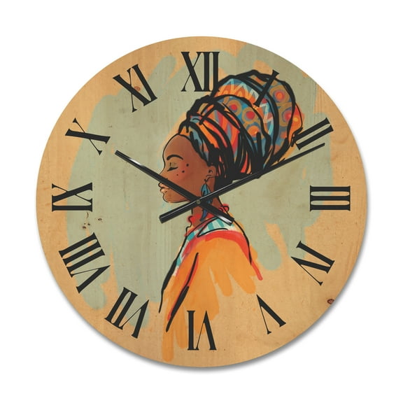 Designart 'Portrait of African American Woman With Turban II' Modern Wood Wall Clock