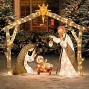 Lighted Christmas Decorations Outside Nativity Set,Light Up Nativity Scene Silhouette Indoor Outdoor Christmas Decorations,Holiday Outdoor Manger Nativity Set for Yard with Lights Metal Stakes