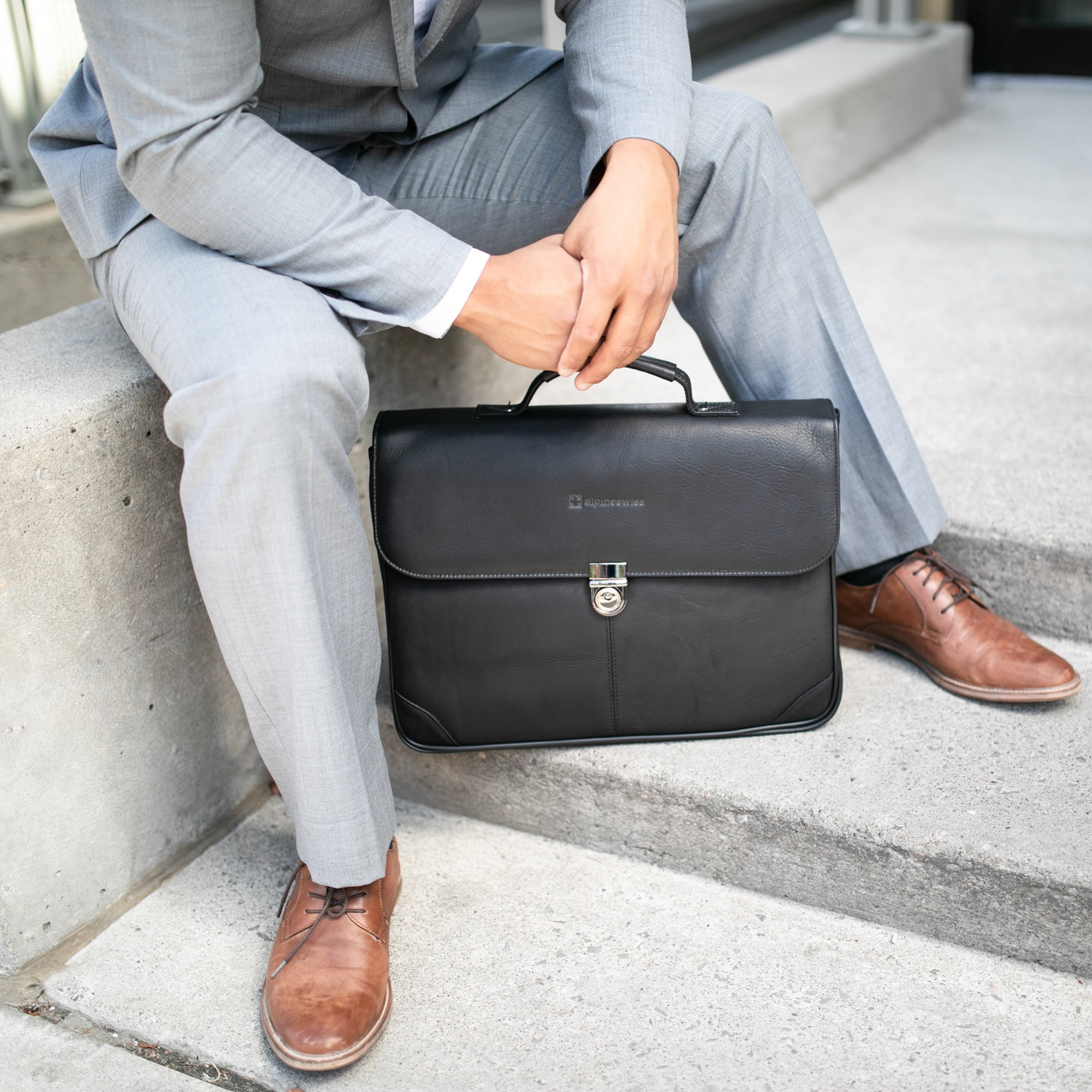 Alpine Swiss Business Portfolio Genuine Leather Briefcase Flap Over Locking Case Walmart