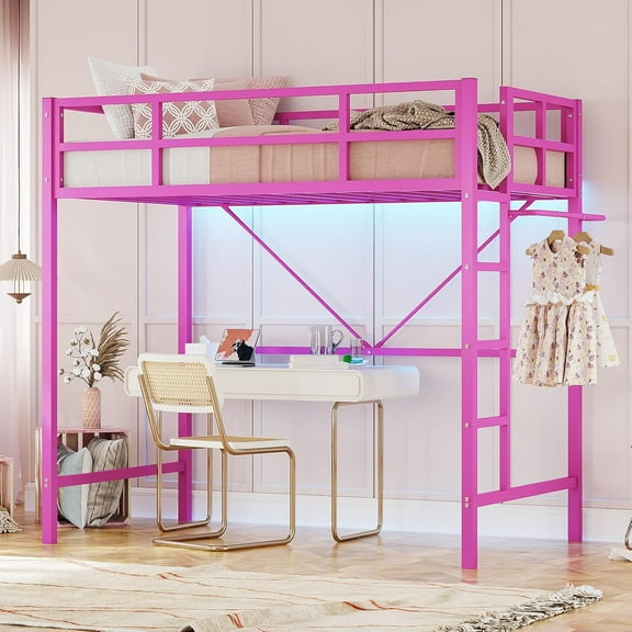 DICTAC Loft Bed Twin Size with Led Lights Metal Twin Loft Bed Frame with Full-Length Guardrail and Stair for Junior, Heavy Duty Metal Slats Support,Noise-Free, Space-Saving, No Box Spring Needed,Pink