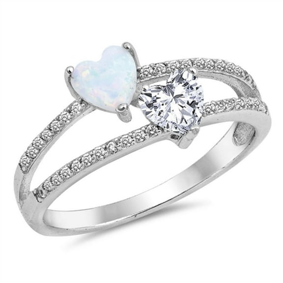Two Heart-Shape White Simulated Opal & Cubic Zirconia Ring Sterling Silver Size 10