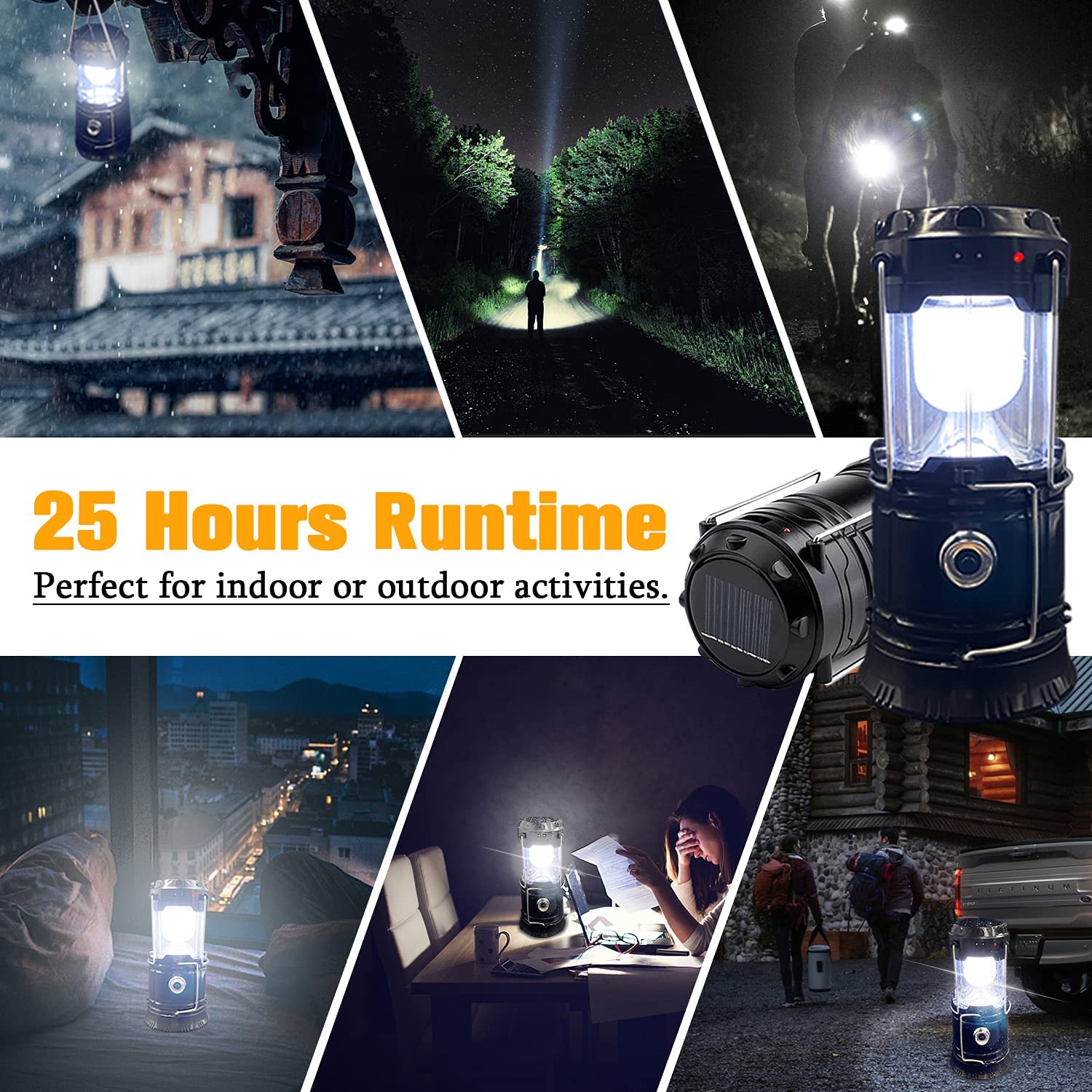 Collapsible Portable LED Camping Lantern Lightweight Waterproof Solar USB Rechargeable LED Flashlight Survival Kits 2-Pack