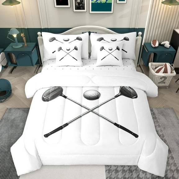 Homewish Golf Club 7-Piece Twin Bedding Sets,Golf Ball Game Bedding Comforter Set,White Silver Sheet Sets For Boys Kids,Super Cozy Room Decor Reversible