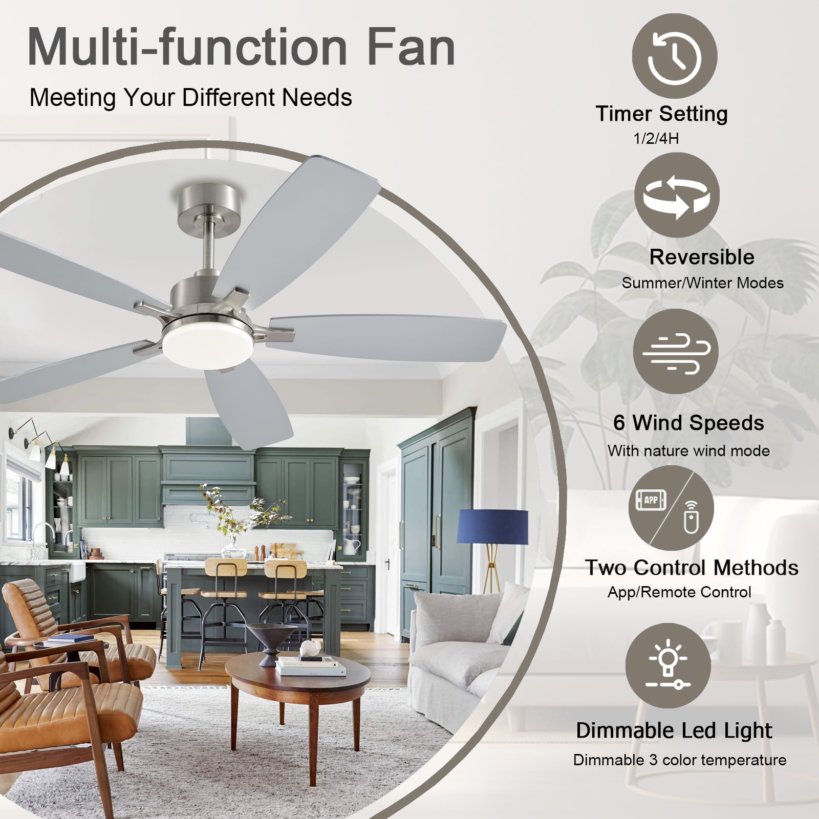Low Profile Ceiling Fan with Lights, 52 inch Modern Nickel Ceiling Fans with Lights APP/Remote Control,6 Speeds Ceiling Fan Light for Indoor/Outdoor Patio Bedroom Living Room