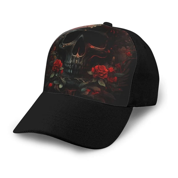 Adjustable Baseball Cap Trucker Hat Fashion Snapback Dad Hats , Black Skull Roses Cool Art Priting