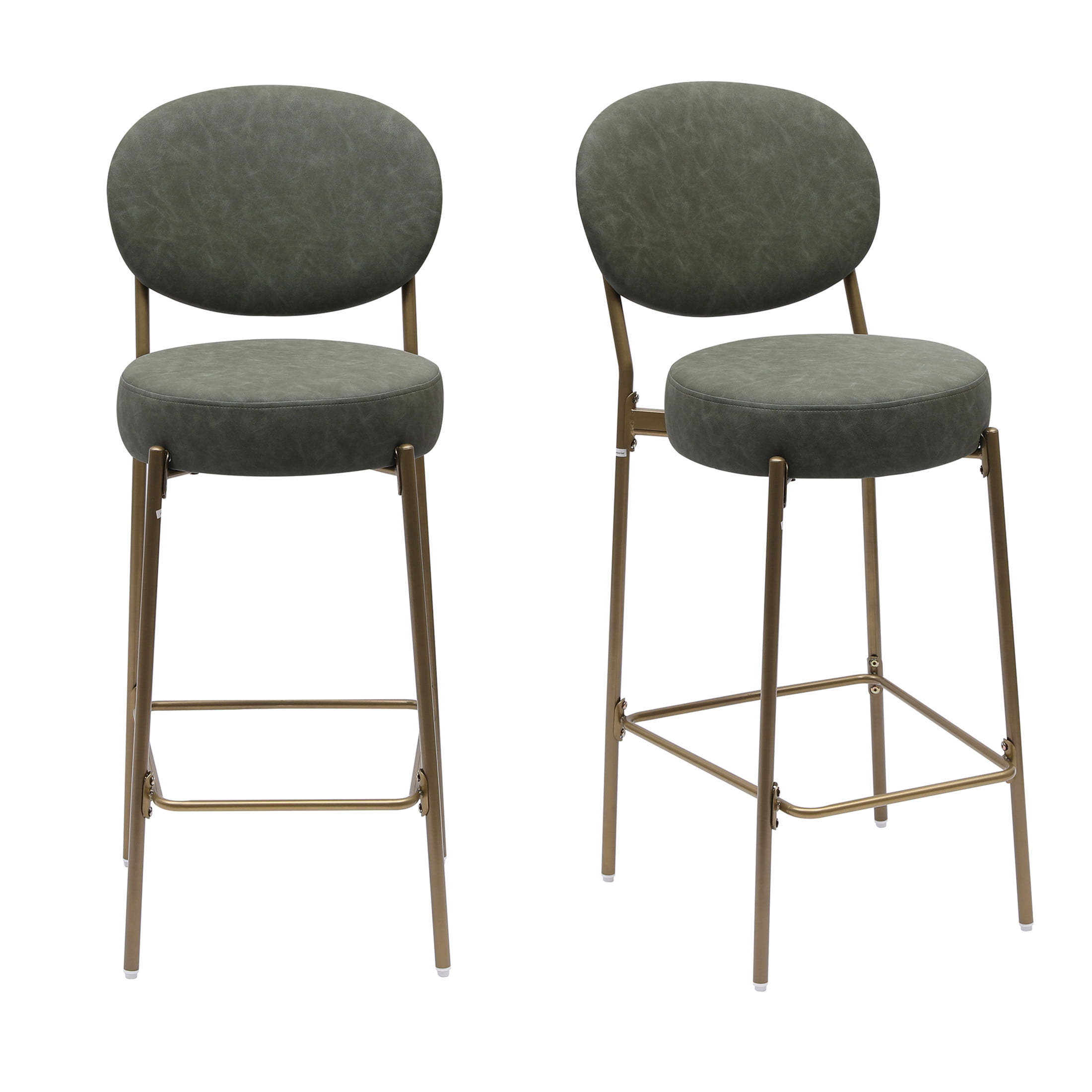 Noble House Faux Leather Bar Stools Set of 2 with Backrest & Footrest, Counter Height Chairs, Green