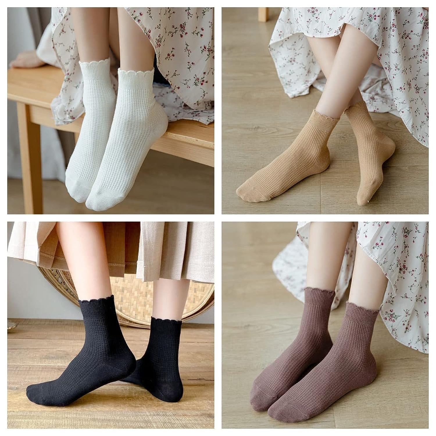 Holzlrgus Women Cute Ruffle Frilly Aesthetic Ankle Socks Flower Embroidery Turn Cuff Crew Cotton Socks Teen Girls