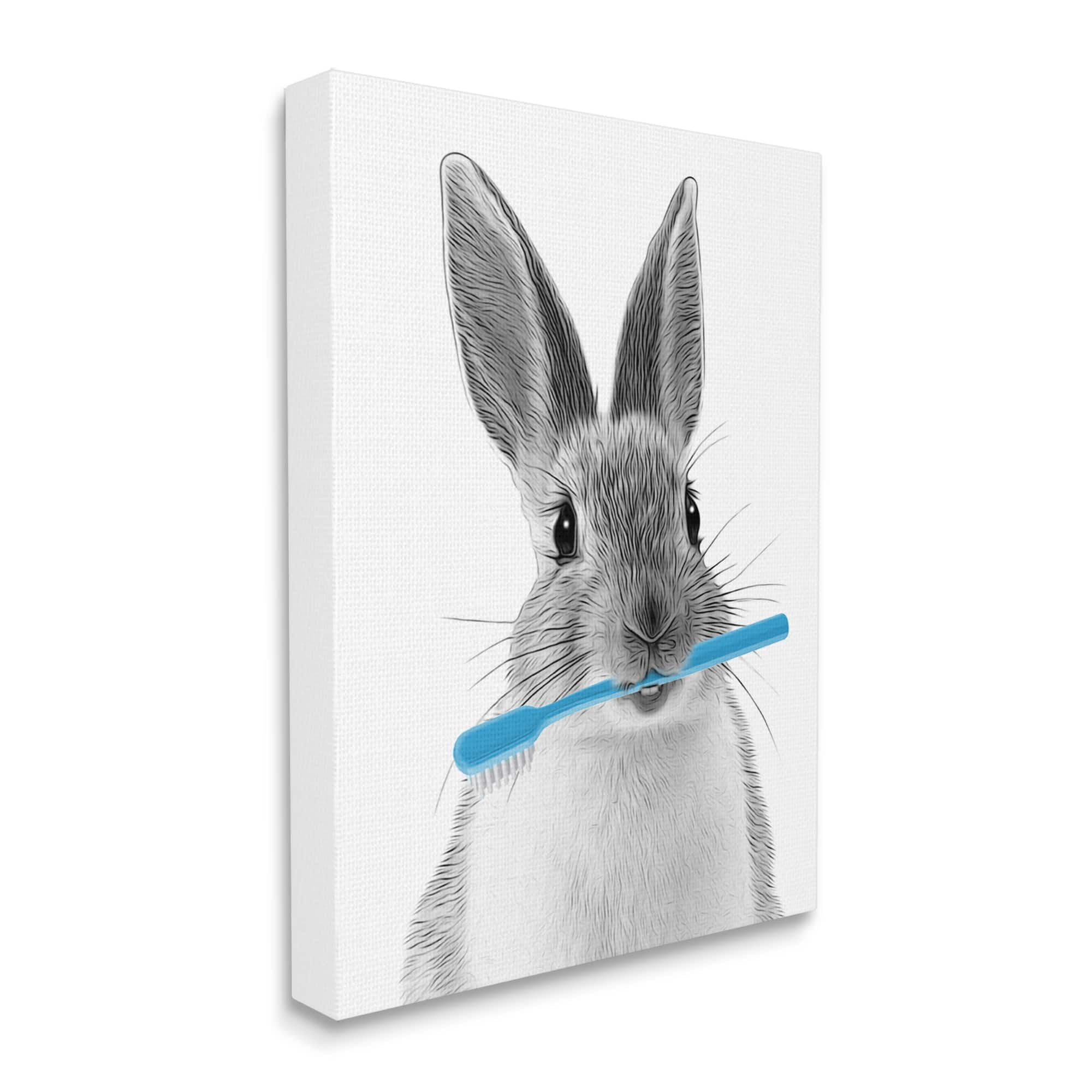 Stupell Industries Bunny Toothbrush Bathroom Animal Animals & Insects Painting Gallery Wrapped Canvas Print Wall Art