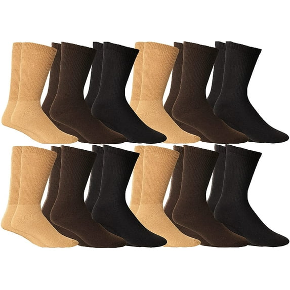 SOCKS'NBULK Thermal Diabetic Crew Socks For Unisex, Soft Marled, Ringspun Cotton, Seamless Toe, Loose Top, Bulk (12 Pairs Womens Brown Mixed, Womens Mixed (9-11))