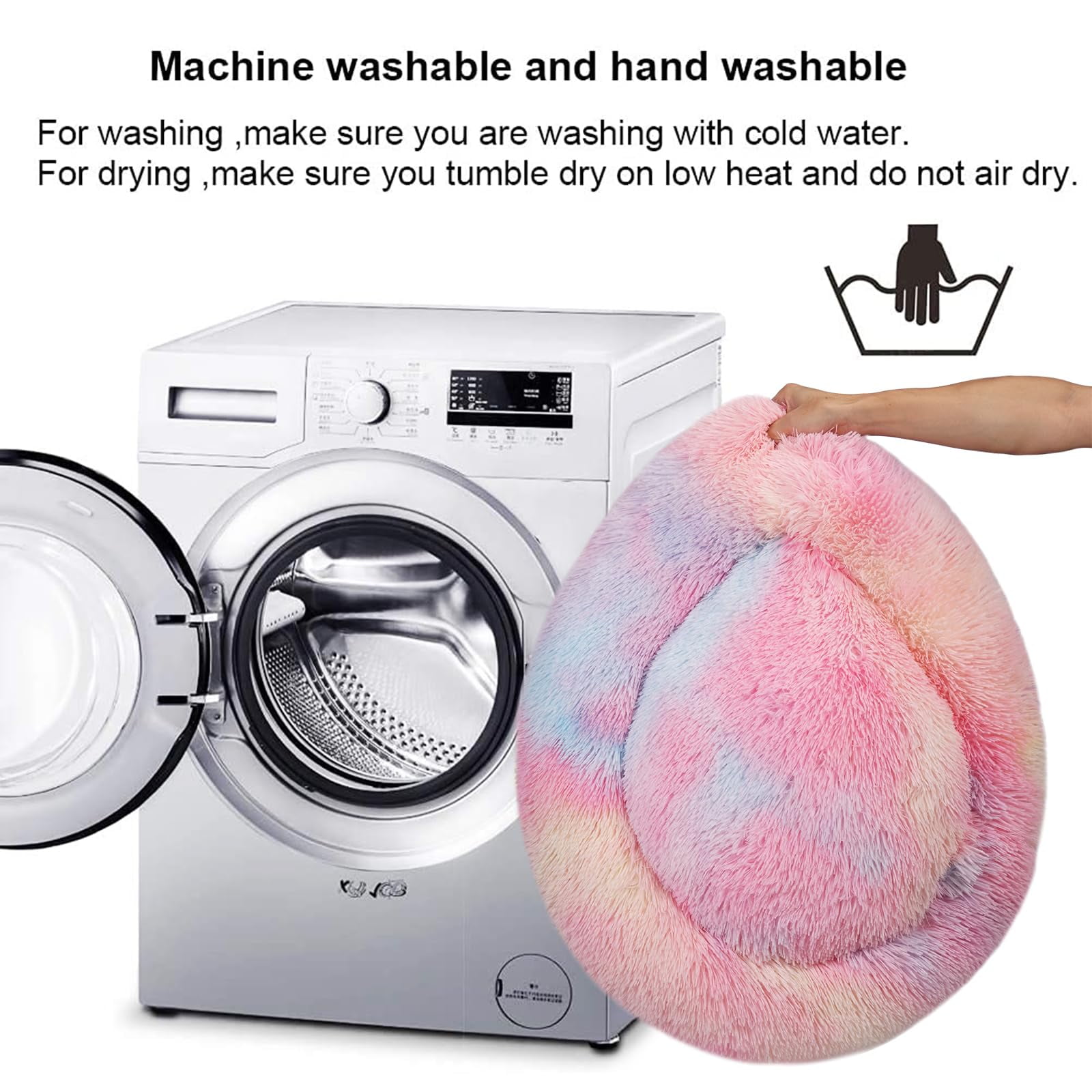 Nisrada 24 inch Calming Donut Dog/Cats Bed Medium Washable, Soft Warm Cozy Plush Round Fluffy Pet Bed, Rainbow