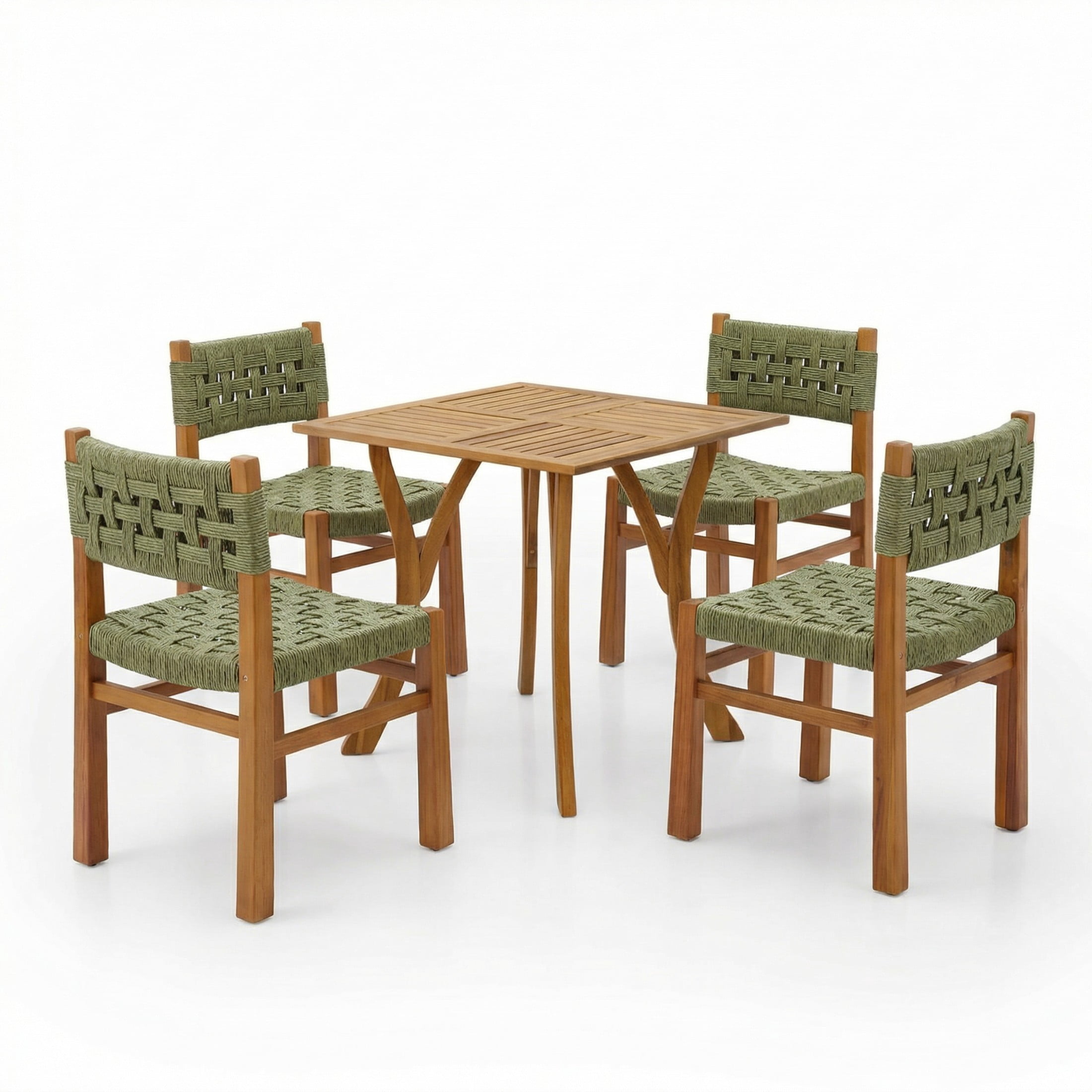 Christopher Knight Home 5-Piece Outdoor Wood Dining Set, Teak Square Table and Green Wicker Chairs